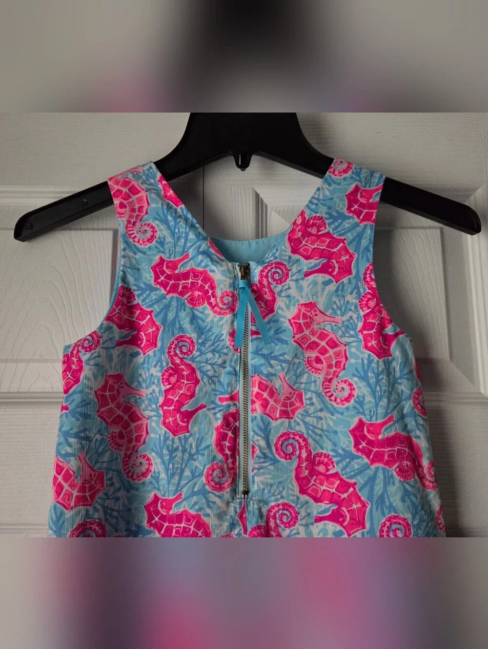 Tommy Bahama Girls Pink Seahorse Print Dress with Light Blue Background Size 7